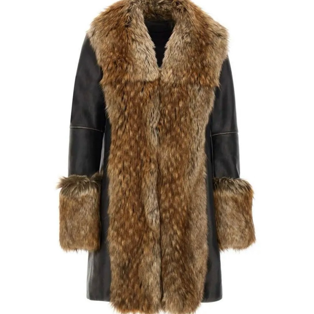 Heron Preston Black Leather Jacket with Brown Fur Trim